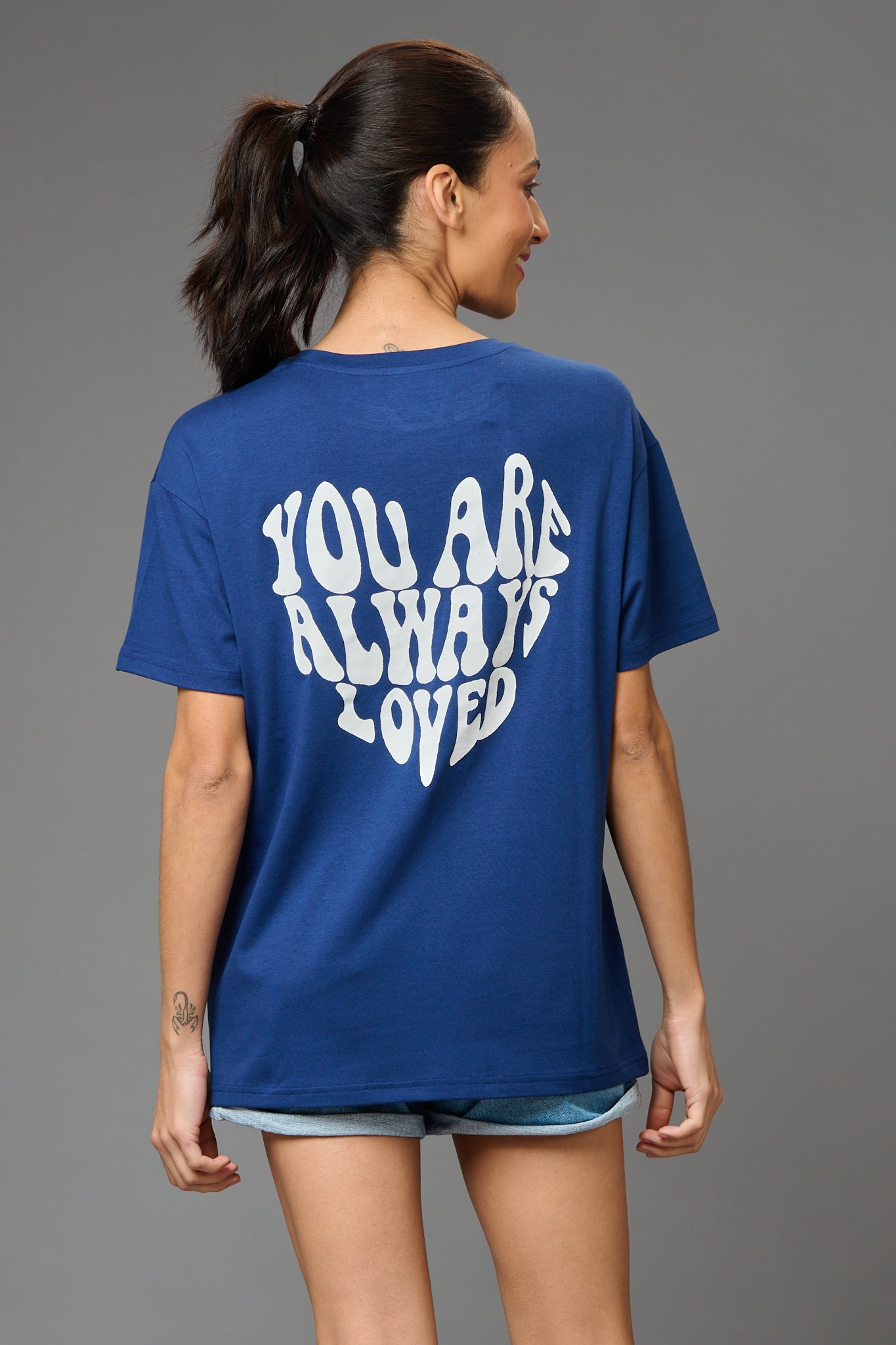 You are Always Loved Printed Blue Oversized T-Shirt for Women - Go Devil