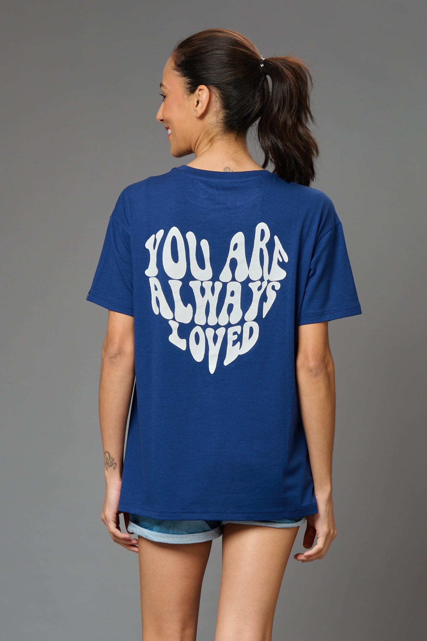 You are Always Loved Printed Blue Oversized T-Shirt for Women - Go Devil