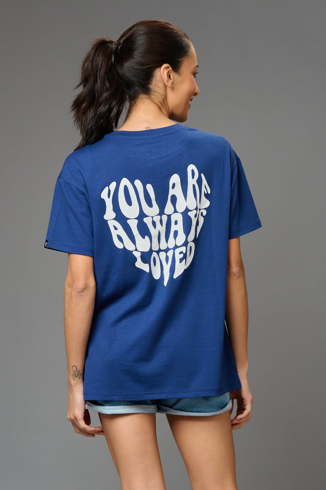 You are Always Loved Printed Blue Oversized T-Shirt for Women - Go Devil