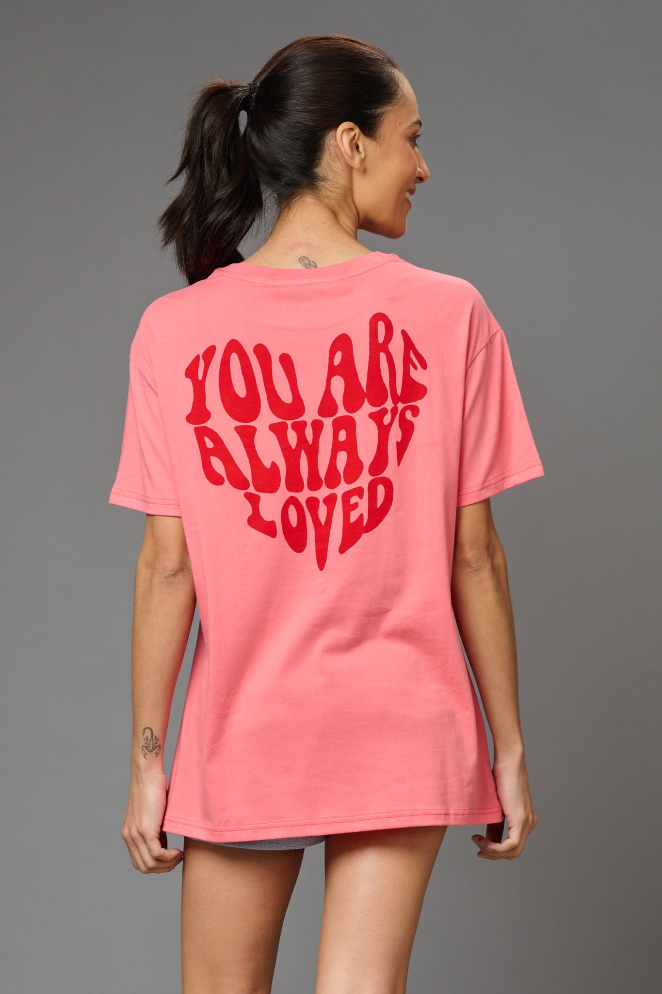 You are Always Loved Printed Pink Oversized T-Shirt for Women - Go Devil